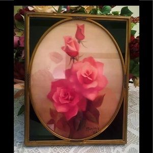 Vtg Shabby Marjorie Sharpe Pink Roses Signed Print